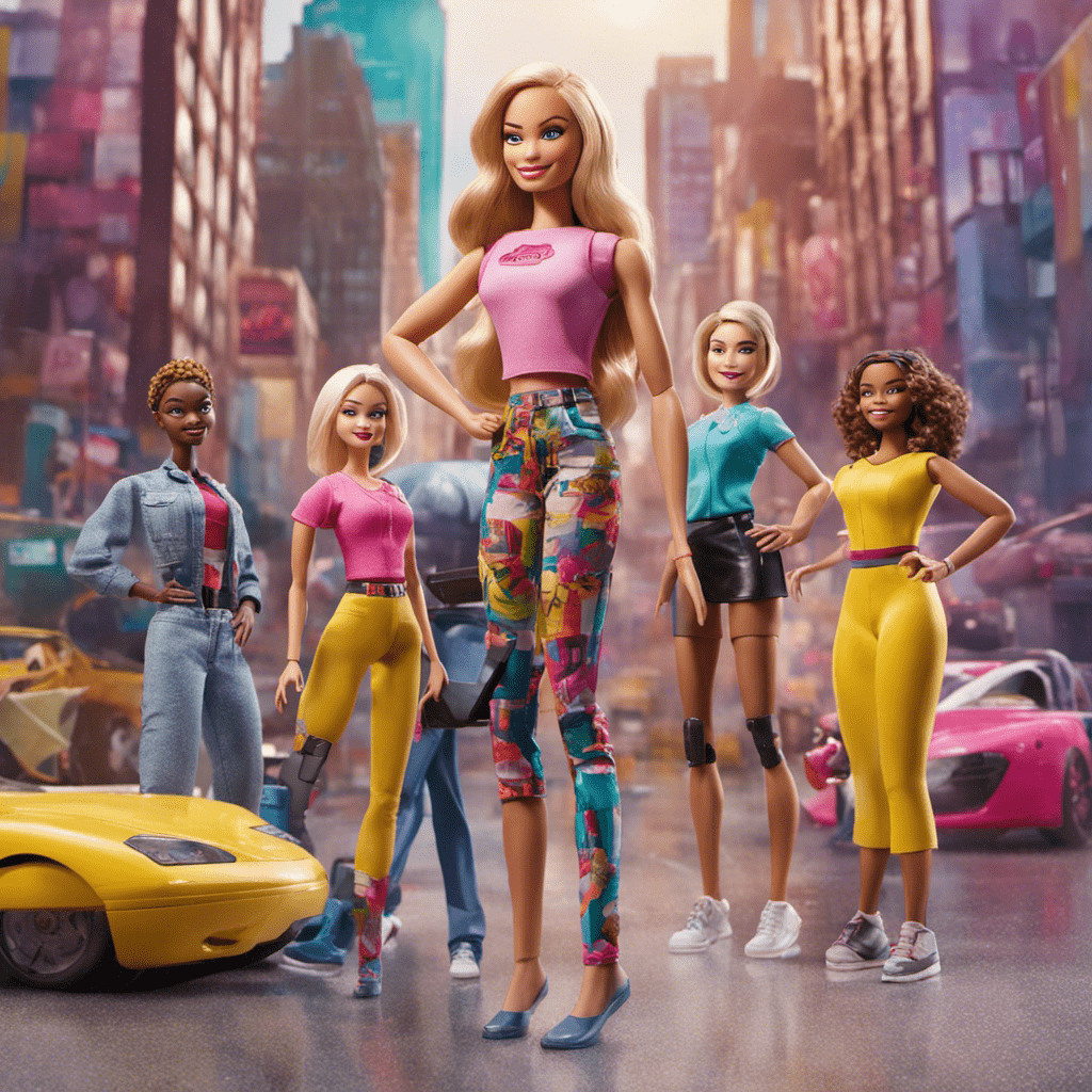 A vibrant and empowered Barbie doll, with an athletic body and radiant smile, stands confidently in a modern city setting, surrounded by diverse representations of women in various professions, such as doctors, engineers, and business leaders. The scene celebrates female strength, ambition, and the breaking of traditional gender roles and beauty standards. Margot Robbie, portraying a confident and self-assured Barbie, exudes a sense of feminism and equality in a thought-provoking critique of societal expectations and stereotypes.