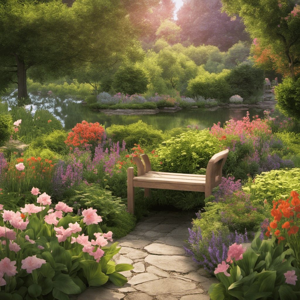 A picturesque garden scene with lush foliage, vibrant flowers in full bloom, a tranquil pond reflecting the warm sunlight, and a serene wooden bench inviting contemplation amidst nature's beauty.