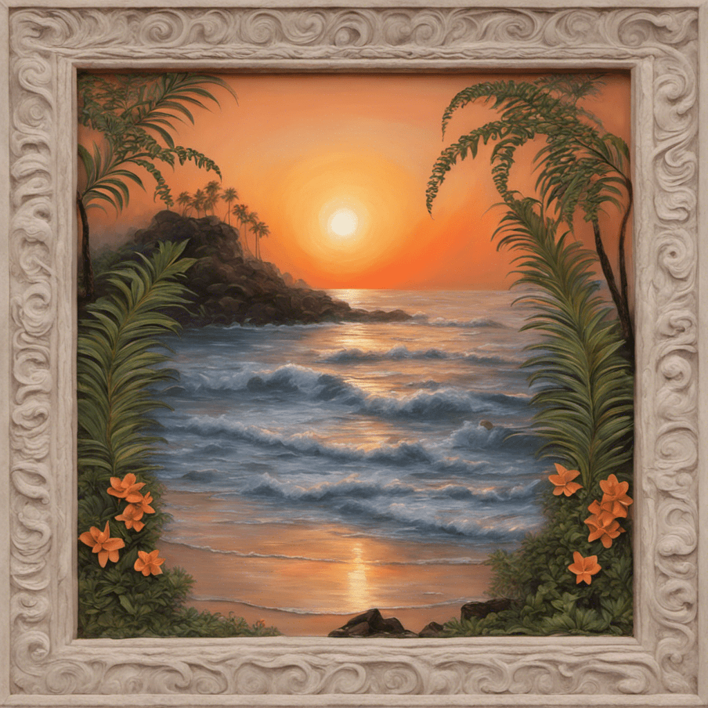 A vibrant tangerine sunset casts an ethereal glow over the shimmering ocean waves, framed by lush ferns and delicate plumerias swaying gently in the evening breeze. In the foreground, a exquisitely carved stone sculpture depicts the elegant curves of the feminine form, radiating serenity and sensual empowerment.