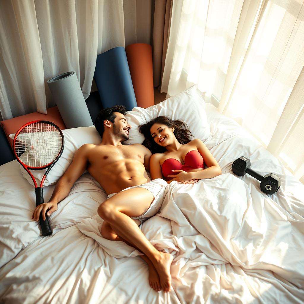 A dynamic couple, tanned and toned, rests nude on plush white sheets after an intense but loving intimate encounter, surrounded by sports equipment like tennis rackets, yoga mats, and weights, basking in the warm afternoon sunlight filtering through sheer curtains, content smiles and flushed cheeks hinting at their passionate physicality and deep connection.