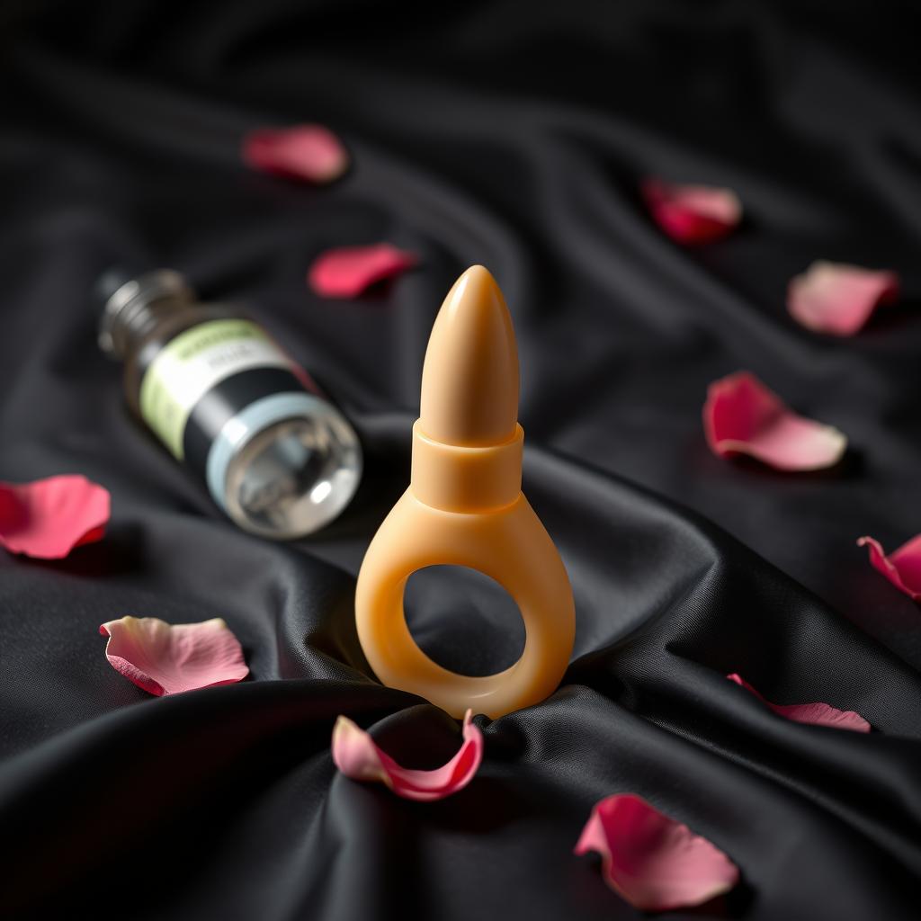 A sleek silicone penis ring with a powerful vibrating bullet nestled on top, sitting on a sensual black satin sheet, with a bottle of water-based lube and rose petals scattered around, studio lighting, product photography, high resolution