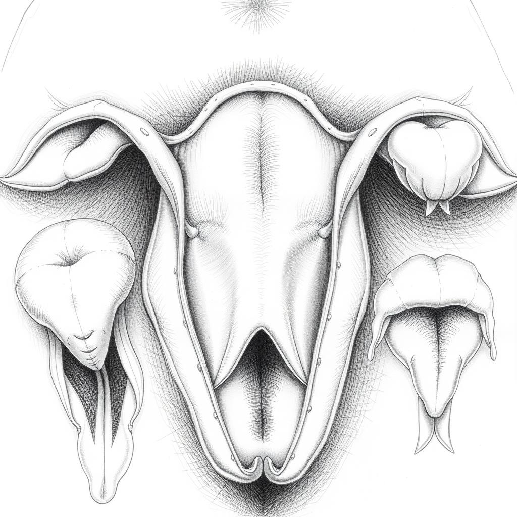 close-up view of diverse female external genitalia, showing a variety of different vulva types with various shapes and sizes of labia, pubic hair, clitoris, vaginal opening, artistic anatomical illustration, pencil drawing, grayscale
