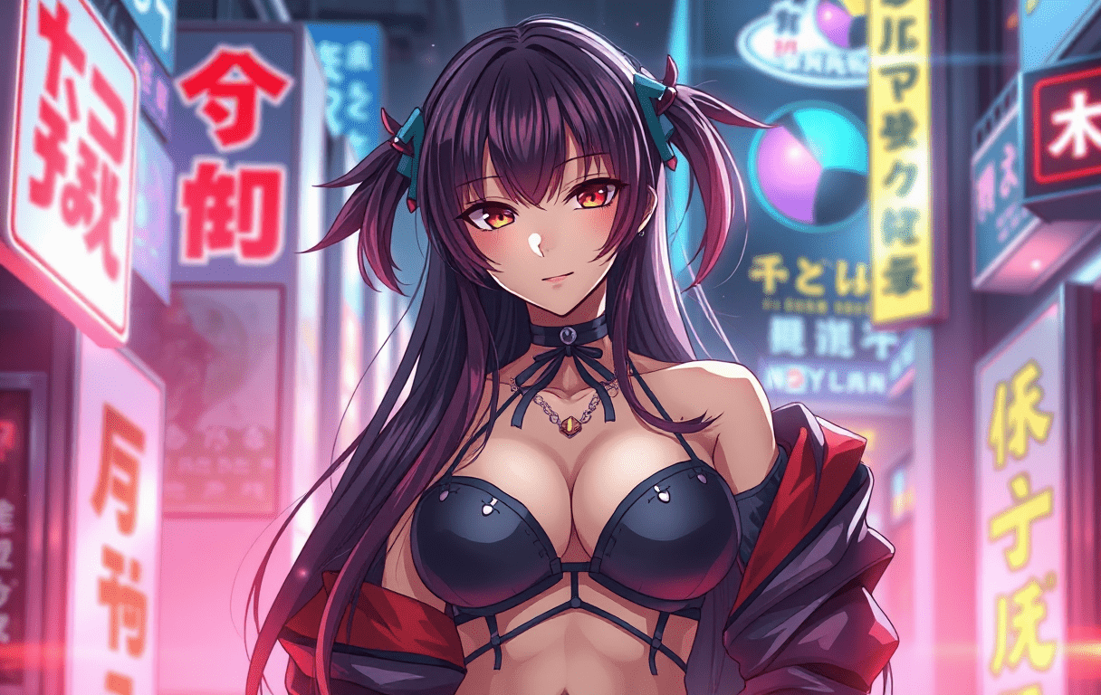 Mujer de pechos grandes ilustrada hentai en una ciudad de noche