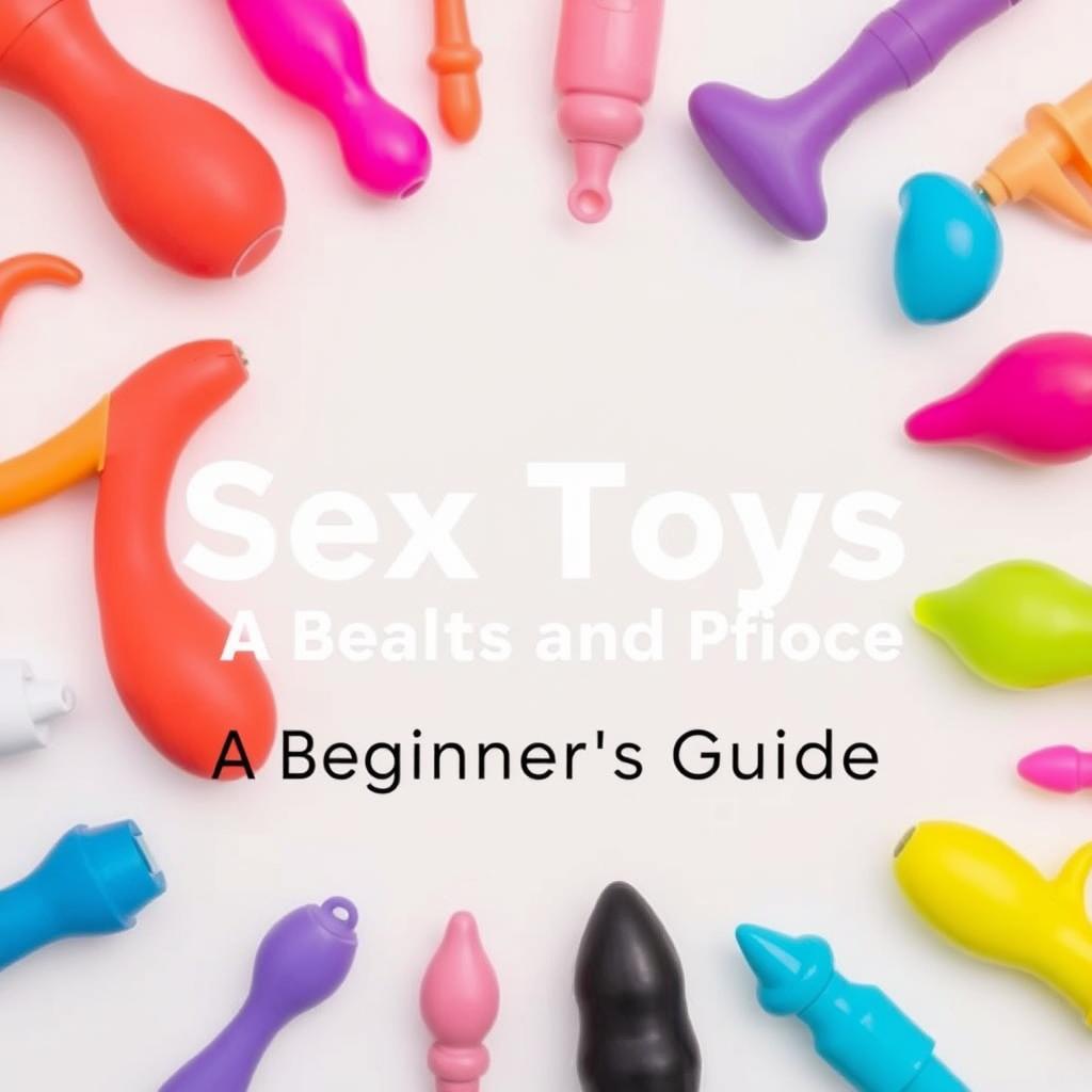 A variety of colorful sex toys arranged artfully on a clean, white surface, including vibrators, dildos, and anal beads, with a text overlay that reads "Sex Toys: A Beginner's Guide". The image should convey a sex-positive, educational tone while avoiding explicit or pornographic content.