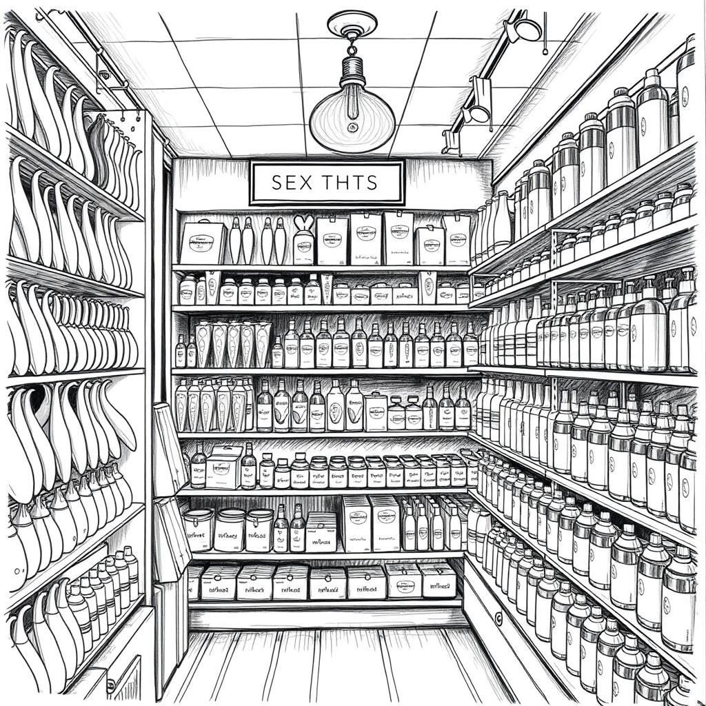 A black and white artistic drawing of a sex toy shop interior, depicting shelves filled with various sexual wellness products like vibrators, dildos and lubricants. The atmosphere conveys openness, positivity and empowerment. Realistic pencil sketch style.