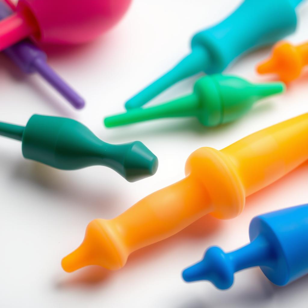 Close up product photography of colorful silicone dildos and sex toys on a plain white background, high resolution, clean and hygienic, well-lit, focus stacked, diffused lighting, minimalist
